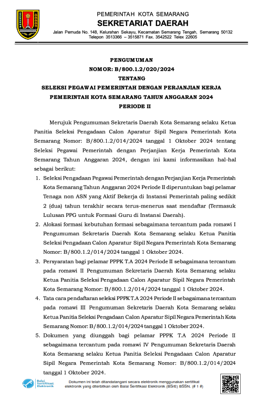 Seleksi Pegawai Pemerintah dengan Perjanjian Kerja Pemerintah Kota Semarang Tahun Anggaran 2024 Periode II